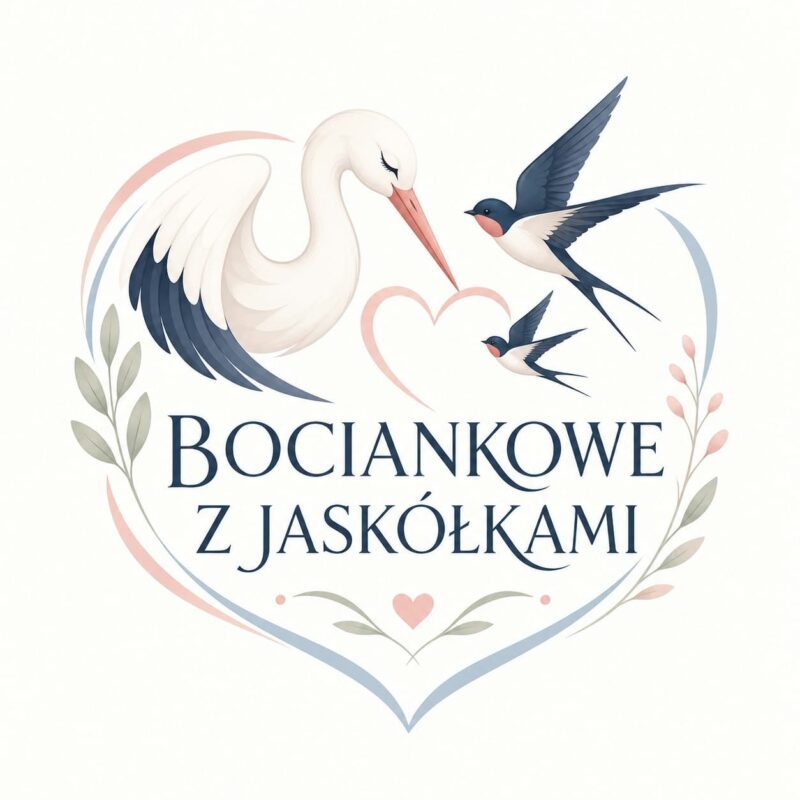 Znak wydarzenia Bociankowe z Jaskółkami: bocian, jaskółki i serce w otoczeniu gałązek.